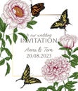 Vector Invitation Template Of A Bouquet Of Peonies Flowers Surrounded By Butterflies